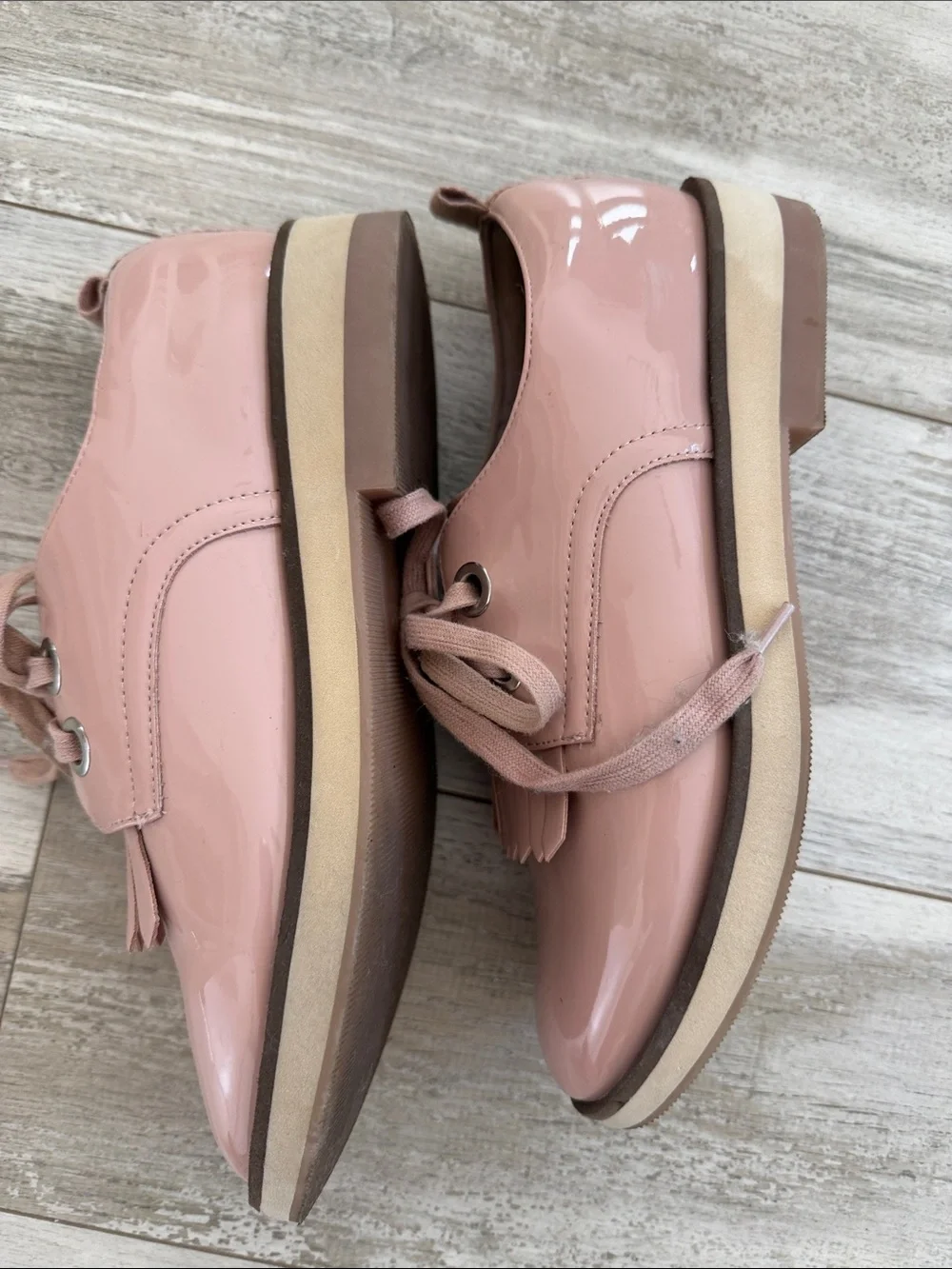 Zara Blush Pink Patent Fringe Lace-Up Flats